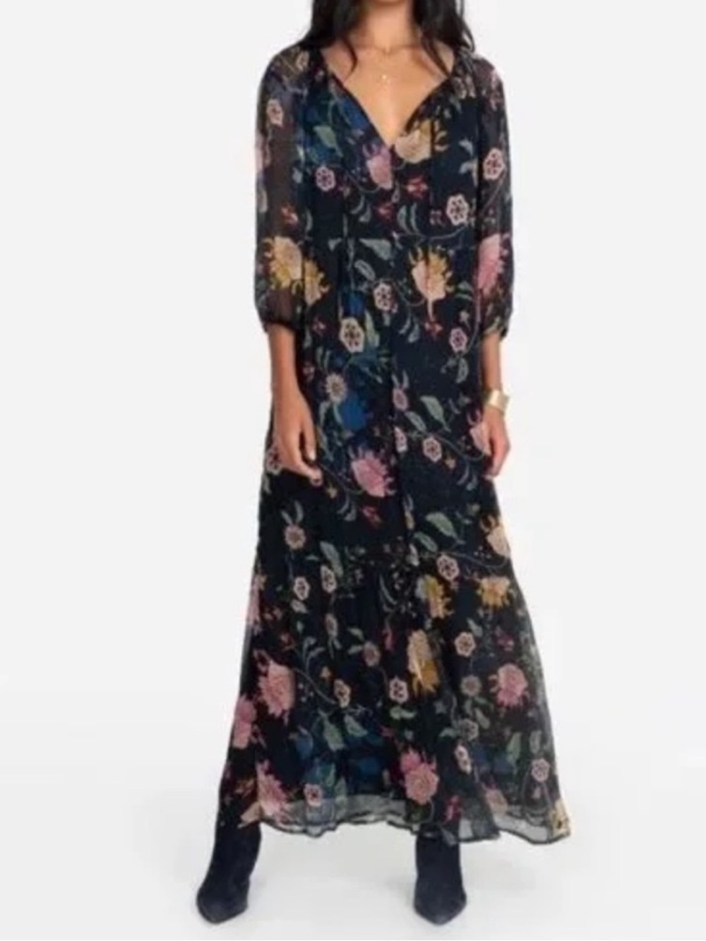 Johnny Was Jade Tauri Black Floral V-Neck Boho Maxi Dress Size S Silk